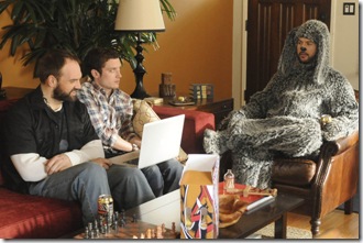 WILFRED: L-R: Ethan Suplee as “Spencer,” Elijah Wood as "Ryan" and Jason Gann as "Wilfred" in the WILFRED episode “Fear," airing on FX. CR: Michael Yarish / FX