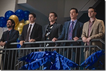 (L to R) Kevin (THOMAS IAN NICHOLAS), Jim (JASON BIGGS), Stifler (SEANN WILLIAM SCOTT), Oz (CHRIS KLEIN) and Finch (EDDIE KAYE THOMAS) are together again in "American Reunion".  In the comedy, all the "American Pie" characters we met a little more than a decade ago return to East Great Falls for their high-school reunion.  