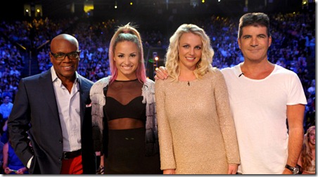 THE X FACTOR: L-R: L.A. Reid, Demi Lovato, Britney Spears and Simon Cowell on the set of THE X FACTOR airing on FOX. CR: Ray Mickshaw / FOX.