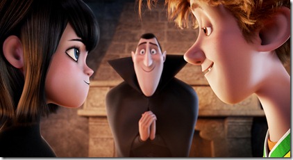 Dracula (Adam Sandler) looks on nervously as his daughter Mavis (Selena Gomez) and the human boy Jonathan (Andy Samberg) share an intimate moment in HOTEL TRANSYLVANIA, an animated comedy from Sony Pictures Animation. 