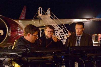 Director Guillermo del Toro with Sean Astin on set