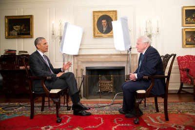 President Barack Obama participates in an Office of Digital Strategy taping with Sir David Attenborough of the BBC in the Map Room of the White House, May 6, 2015. (Official White House Photo by Chuck Kennedy) This photograph is provided by THE WHITE HOUSE as a courtesy and may be printed by the subject(s) in the photograph for personal use only. The photograph may not be manipulated in any way and may not otherwise be reproduced, disseminated or broadcast, without the written permission of the White House Photo Office. This photograph may not be used in any commercial or political materials, advertisements, emails, products, promotions that in any way suggests approval or endorsement of the President, the First Family, or the White House.