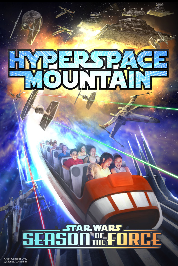 Season of the Force Coming to Disney Parks -- This new seasonal event, beginning early 2016, brings new experiences to both coasts.  In Tomorrowland at Disneyland park, guests will explore the Star Wars galaxy with special entertainment throughout the land, themed food locations and more. Guests also will be thrilled to climb aboard Hyperspace Mountain, a reimagining of the classic Space Mountain attraction, in which guests will join an X-wing Starfighter battle. At DisneyÕs Hollywood Studios, guests will close out weekend nights with a new fireworks spectacular set to the iconic score of the Star Wars movies. (Disney Parks)