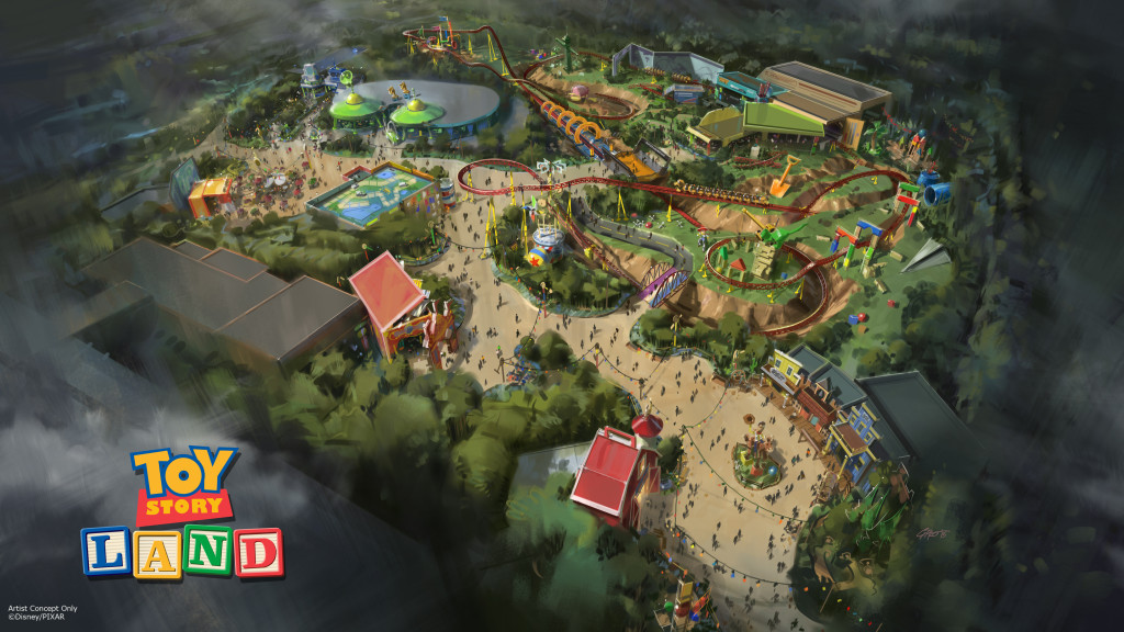 Toy Story Land at DisneyÕs Hollywood Studios in Florida -- The reimagining of DisneyÕs Hollywood Studios will take guests to infinity and beyond, allowing them to step into the worlds of their favorite films, starting with Toy Story Land. This new 11-acre land will transport guests into the adventurous outdoors of AndyÕs backyard. Guests will think they've been shrunk to the size of Woody and Buzz as they are surrounded by oversized toys that Andy has assembled using his vivid imagination.  Using toys like building blocks, plastic buckets and shovels, and game board pieces, Andy has designed the perfect setting for this land, which will include two new attractions for any Disney park and one expanded favorite. (Disney Parks)
