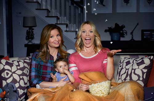 Photo by: Robyn Von Swank/USA Network (from L to R) Lennon Parham as Maggie, Jessica St. Clair as Emma and with baby Charlotte.