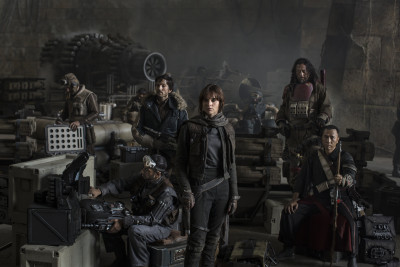 Star Wars: Rogue One..L to R: Actors Riz Ahmed, Diego Luna, Felicity Jones, Jiang Wen and Donnie Yen..Photo Credit: Jonathan Olley..©Lucasfilm 2016