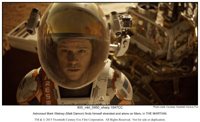 Astronaut Mark Watney (Matt Damon) finds himself stranded and alone on Mars, in THE MARTIAN.