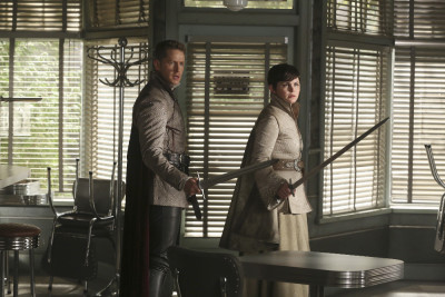 ONCE UPON A TIME - "The Broken Kingdom" - After receiving a cryptic warning from Lancelot about Arthur's intentions, Mary Margaret realizes Arthur may be the heroes' biggest threat, but when she is unable to convince David of the danger, she takes matters into her own hands. Meanwhile, Hook's unwavering love for Emma provides a glimmer of hope in her struggle against the unrelenting voice of Rumplestiltskin. In a Camelot flashback, Guinevere senses that Arthur is losing his way, consumed by his obsession with making Excalibur whole, so she sets out with Lancelot on her own quest into the heart of darkness. In Storybrooke, Dark Emma unleashes a secret weapon in the next phase of her plan to find the brave soul she needs to draw Excalibur from the stone, on "Once Upon a Time," SUNDAY, OCTOBER 18 (8:00-9:00 p.m., ET) on the ABC Television Network. (ABC/Jack Rowand) JOSH DALLAS, GINNIFER GOODWIN