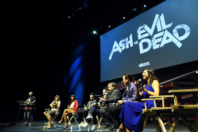 NEW YORK, NY - OCTOBER 10: Cast and Crew of Ash vs the Evil Dead speaks onstage the STARZ' Ash vs Evil Dead Panel At Hammerstein Ballroom During New York Comic Con at Hammerstein Ballroom on October 10, 2015 in New York City. (Photo by Nicholas Hunt/Getty Images for STARZ)