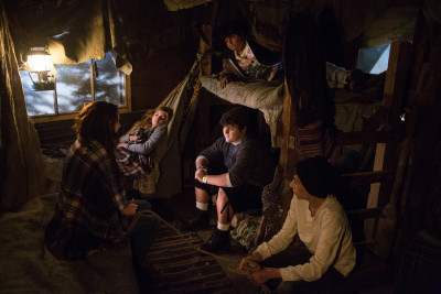 GRIMM -- "Lost Boys" Episode 503 -- Pictured: (l-r) Bree Turner as Rosalee Calvert, Emma Rose Maloney as Lily, Julio Cesar Chavez as Miguel, Eric Osovsky as Big John, Mason Cook as Peter -- (Photo by: Scott Green/NBC)