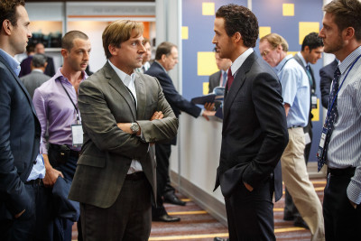 Left to right: Rafe Spall plays Danny Moses, Jeremy Strong plays Vinnie Daniel, Steve Carell plays Mark Baum, Ryan Gosling plays Jared Vennett and Jeffry Griffin plays Chris in The Big Short from Paramount Pictures and Regency Enterprises