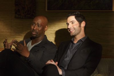 LUCIFER: L-R: DB Woodside and Tom Ellis in the "Take Me Back To Hell" season finale episode of LUCIFER airing Monday, April 25 (9:01-10:00 PM ET/PT) on FOX. ©2016 Fox Broadcasting Co. CR: Michael Courtney/FOX