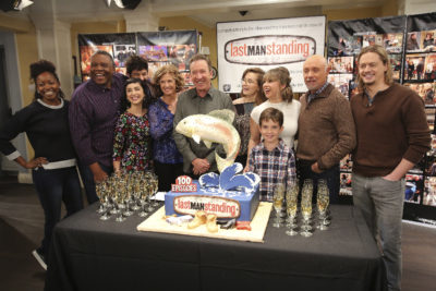 LAST MAN STANDING - The cast and crew on the set of “Last Man Standing" celebrated the series' 100th episode entitled, "The Ring" airing FRIDAY, JANUARY 29 (8:00-8:31 p.m. EST) , on the ABC Television Network. (ABC/Ron Tom) ERIKA ALEXANDER, JONATHAN ADAMS, MOLLY EPHRAIM, JORDAN MASTERSON, NANCY TRAVIS, TIM ALLEN, KAITLYN DEVER, AMANDA FULLER, FLYNN MORRISON, HECTOR ELIZONDO, CHRISTOPH SANDERS