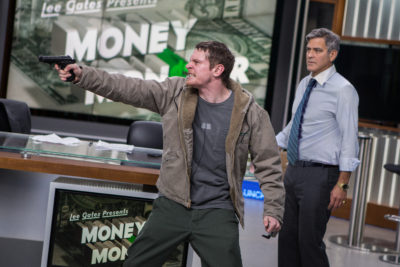 Kyle Budwell (Jack O'Connell) takes TV host Lee Gates (George Clooney) hostage in TriStar Pictures' MONEY MONSTER.
