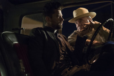 Dominic Cooper as Jesse Custer, W. Earl Brown as Hugo Root - Preacher _ Season 1, Pilot - Photo Credit: Lewis Jacobs/Sony Pictures Television/AMC