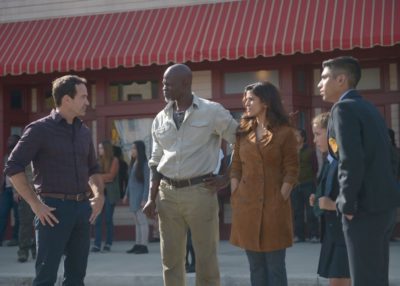 WAYWARD PINES: L-R: Jason Patric, Djimon Hounsou, Nimrat Kaur, guest star Emma Tremblay and guest star Michael Garza in the "Once Upon A Time in Wayward Pines" episode of WAYWARD PINES airing Wednesday, June 8 (9:00-10:00 PM ET/PT) on FOX. ©2016 Fox Broadcasting Co. Cr: Sergei Bachlakov/FOX
