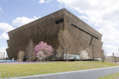 Trees and flowers bloom outside the National Museum of African American History and Culture construction site in this March 18, 2016 file photo. (Courtesy Smithsonian Institution /Michael R. Barnes)