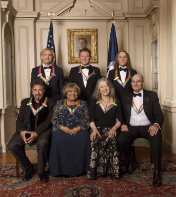 Pictured left to right: (Standing) Rock band the Eagles, Joe Walsh, Don Henley and Timothy Schmit (Seated) screen and stage actor Al Pacino, gospel and blues singer Mavis Staples, Argentine pianist Martha Argerich, and musician James Taylor are recognized for their achievements in the arts during a star-studded celebration on the Kennedy Center Opera House stage. THE 39TH ANNUAL KENNEDY CENTER HONORS, to be broadcast Tuesday, Dec. 27 (9:00-11:00 PM, ET/PT), on the CBS Television Network. Photo: John P. Filo/CBS ©2016 CBS Broadcasting, Inc. All Rights Reserved